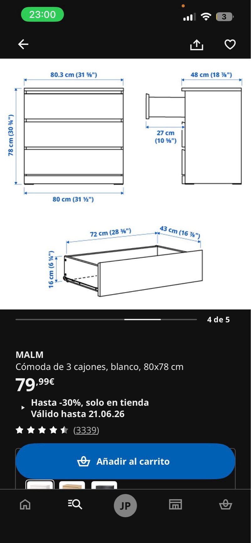 Cómoda MALM 3 cajones blanca — imagen 2