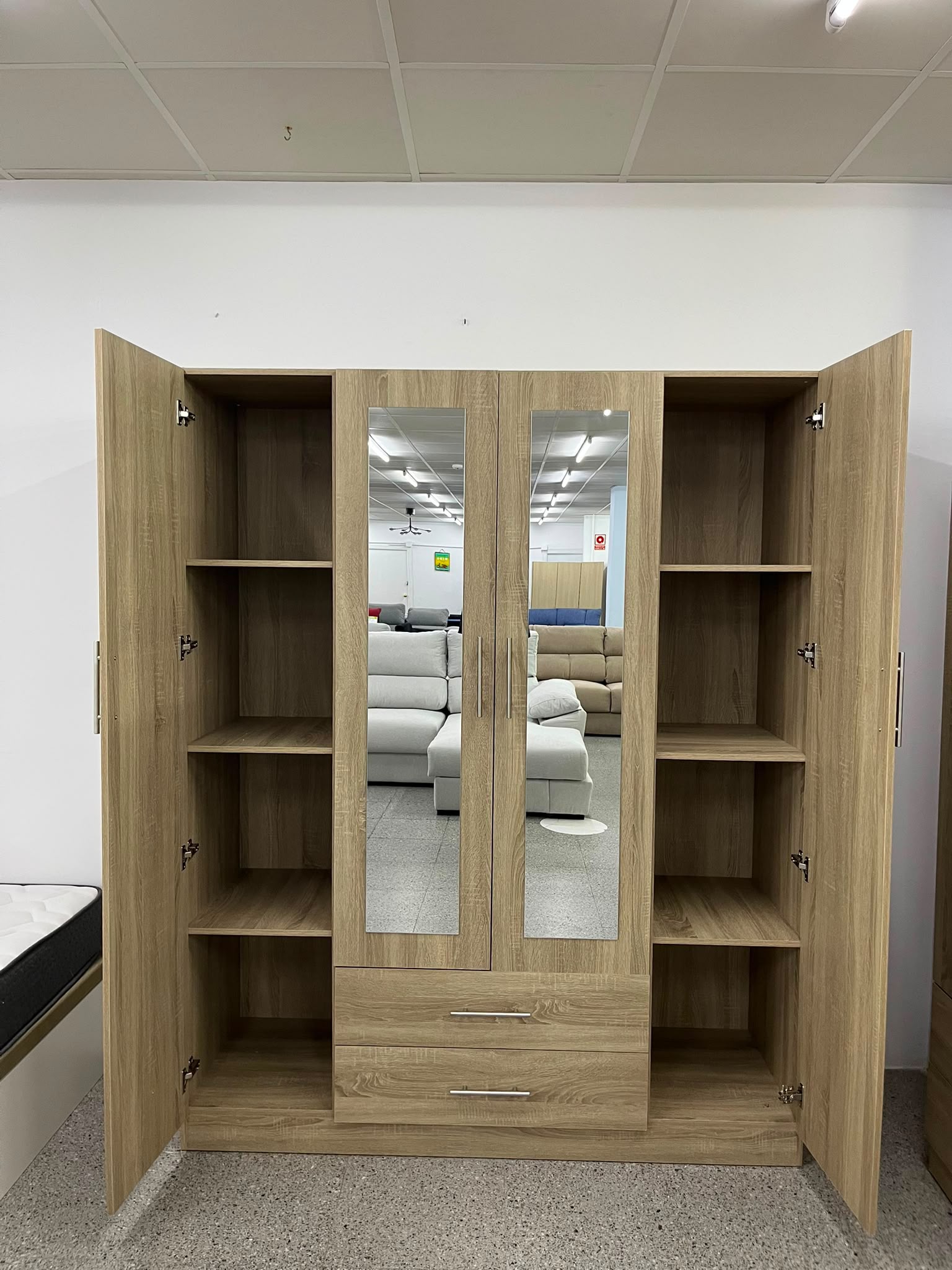 Armario ropero 4 puertas con espejo y cajones, acabado roble sonoma — imagen 2