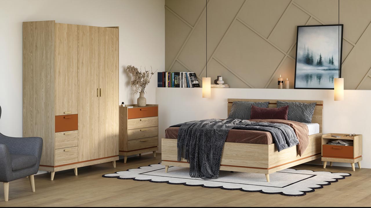 Dormitorio CANDIS 1 roble aceitado / ladrillo