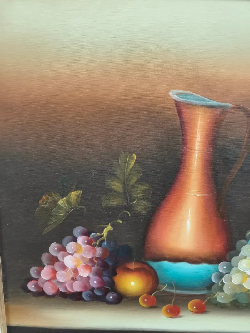 Cuadro al óleo de bodegón con marco de madera dorado y blanco — imagen 3