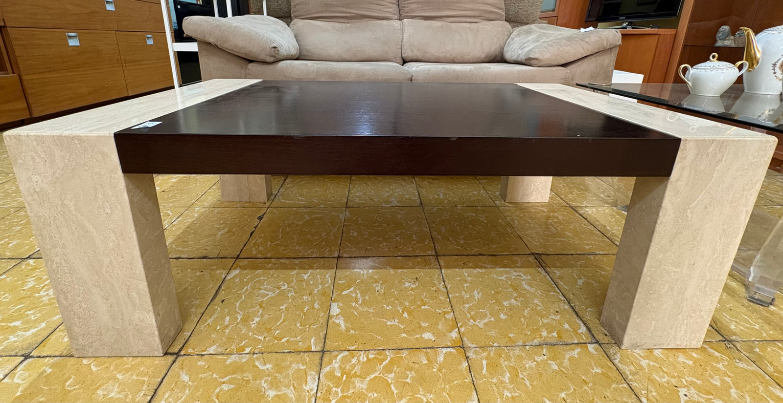 Mesa de centro madera y piedra beige/negra