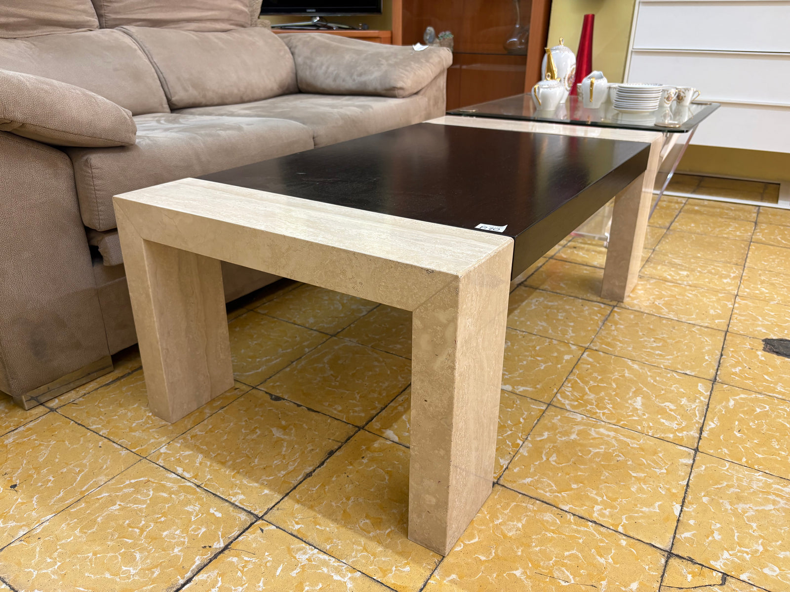 Mesa de centro madera y piedra beige/negra — imagen 3