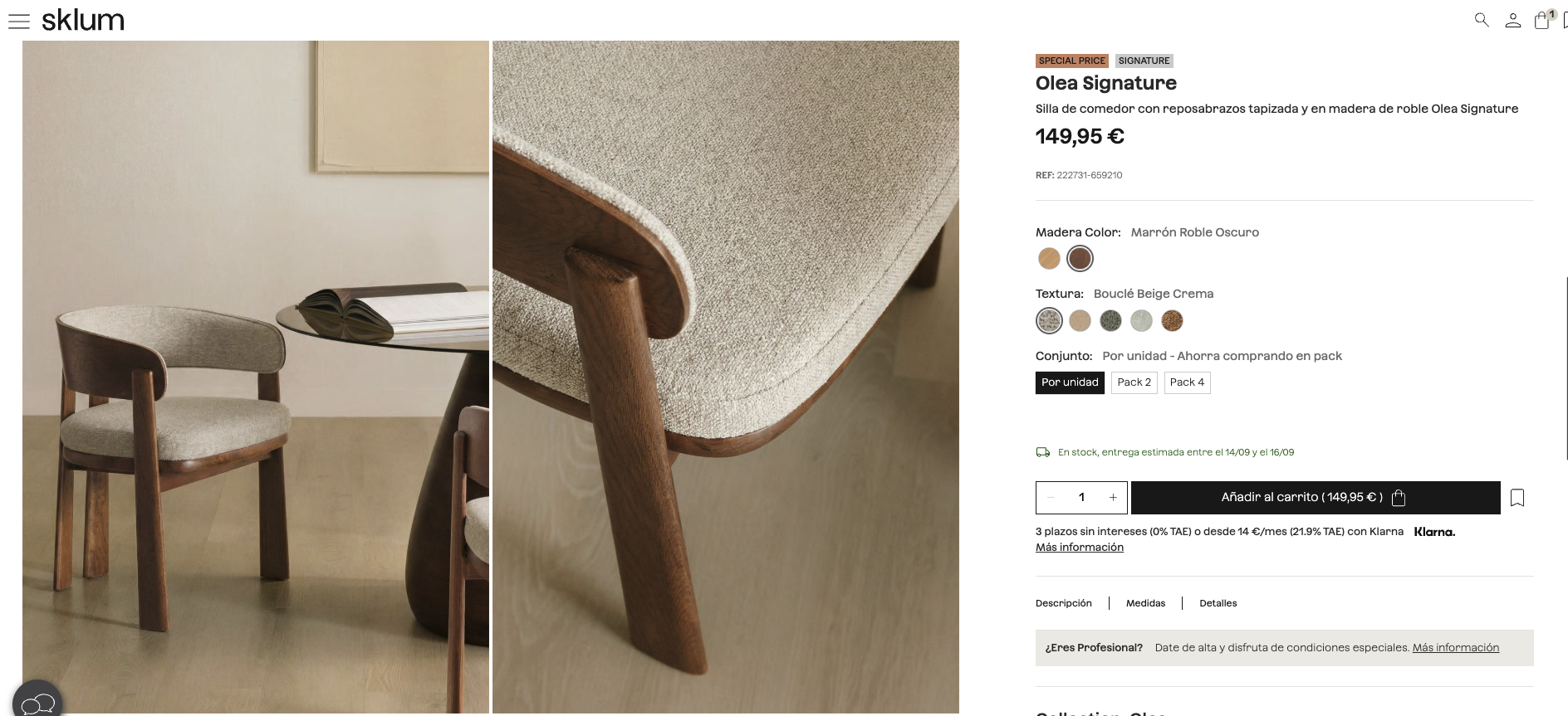 Silla de comedor SKLUM tapizada en tela con madera de fresno como nueva — imagen 8