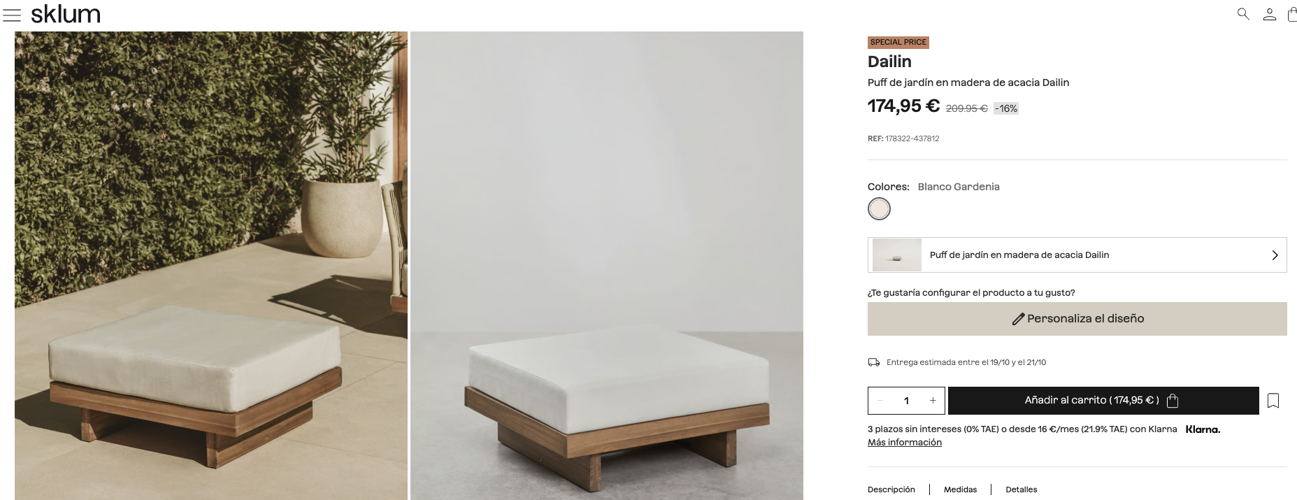 Puff / Módulo central SKLUM en madera de acacia y cojín desenfundable como nuevo — imagen 8