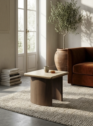 Mesa auxiliar / mesita de centro con tablero de travertino y base de madera