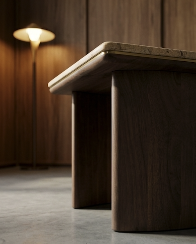 Mesa auxiliar / mesita de centro con tablero de travertino y base de madera — imagen 7