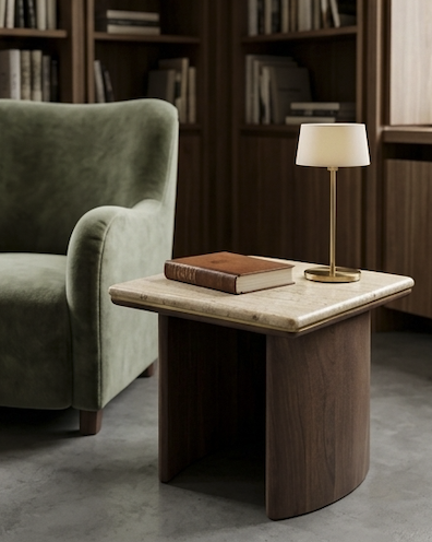 Mesa auxiliar / mesita de centro con tablero de travertino y base de madera — imagen 8