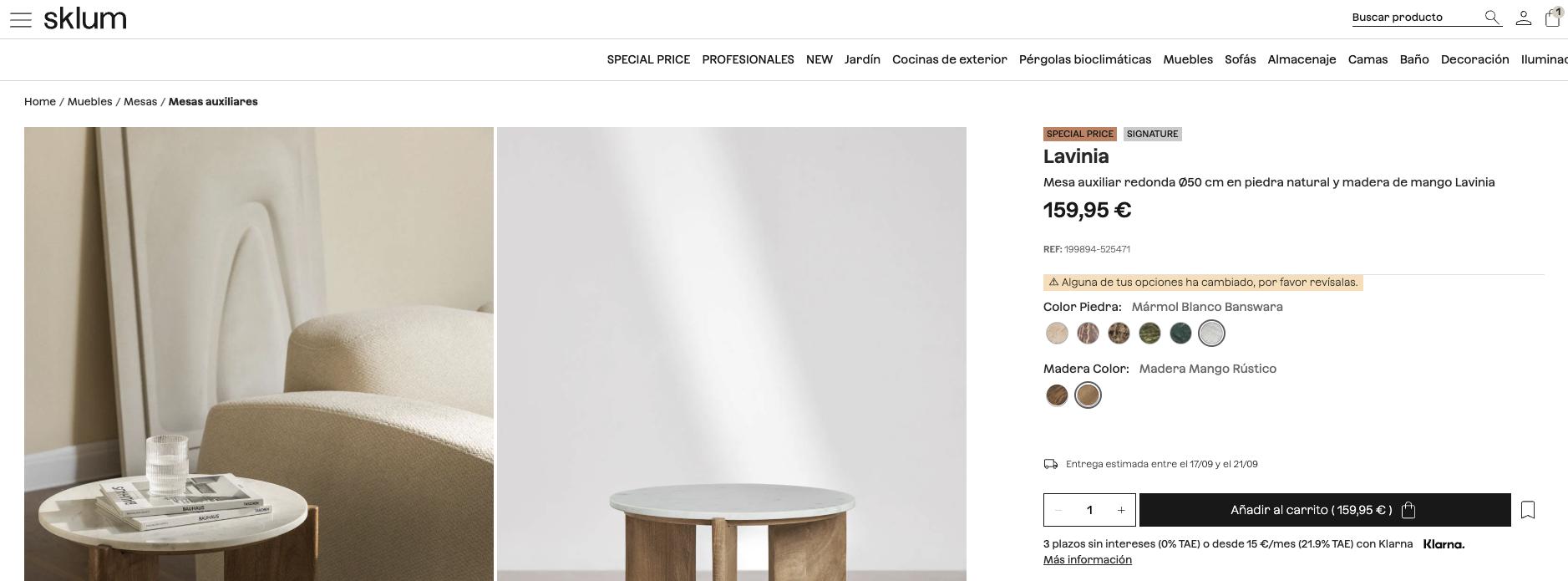 Mesa auxiliar / mesita de centro con tablero de travertino y base de madera — imagen 9