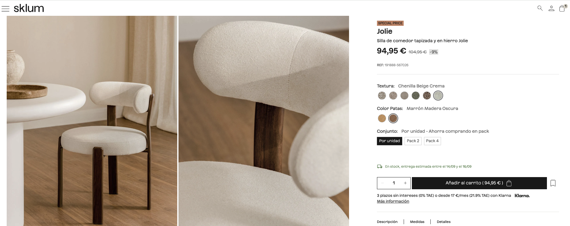 Pack de 2 sillas de comedor SKLUM tapizada en tela con madera de fresno como nueva — imagen 8
