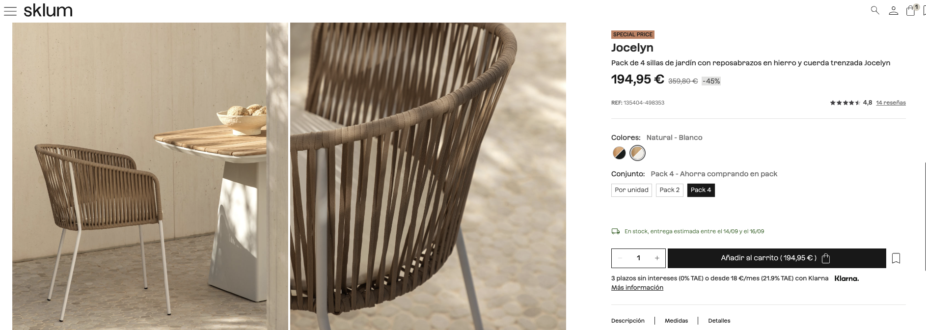 Pack de 4 sillas SKLUM de jardín con reposabrazos en cuerda como nuevas — imagen 9