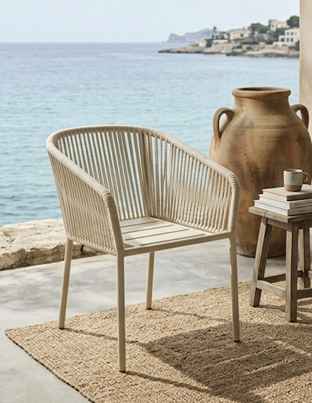 Silla de jardín SKLUM con reposabrazos en aluminio y cuerda trenzada como nueva