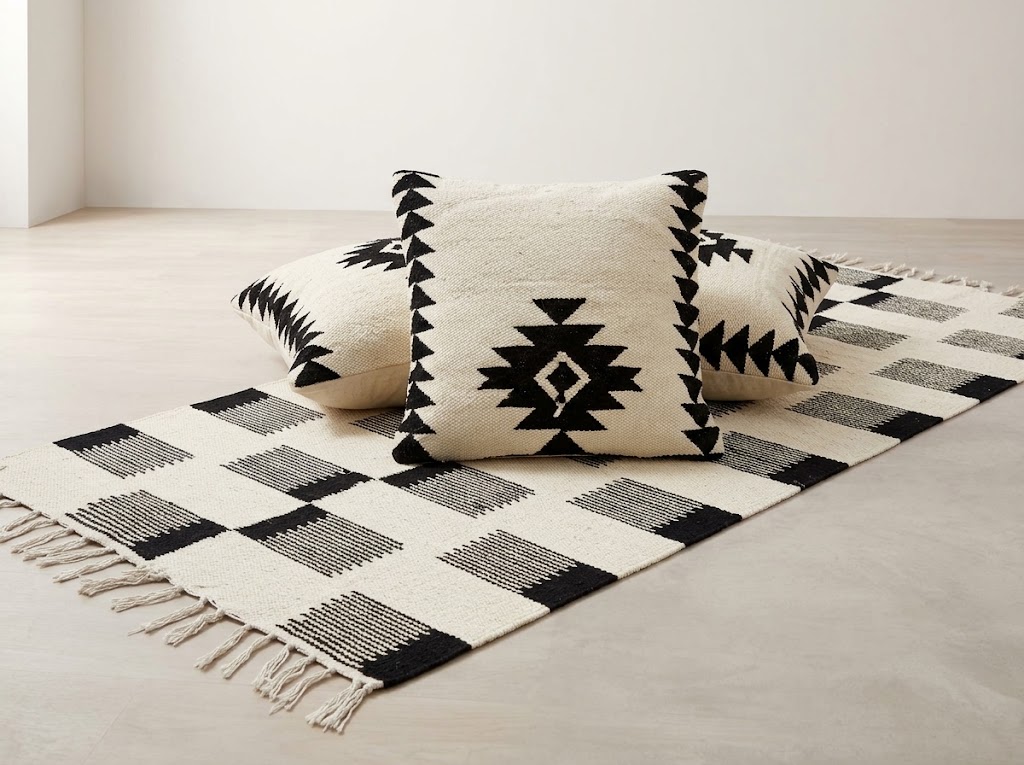 3 cojines étnicos y alfombra kilim a juego. Exposición. Nuevo
