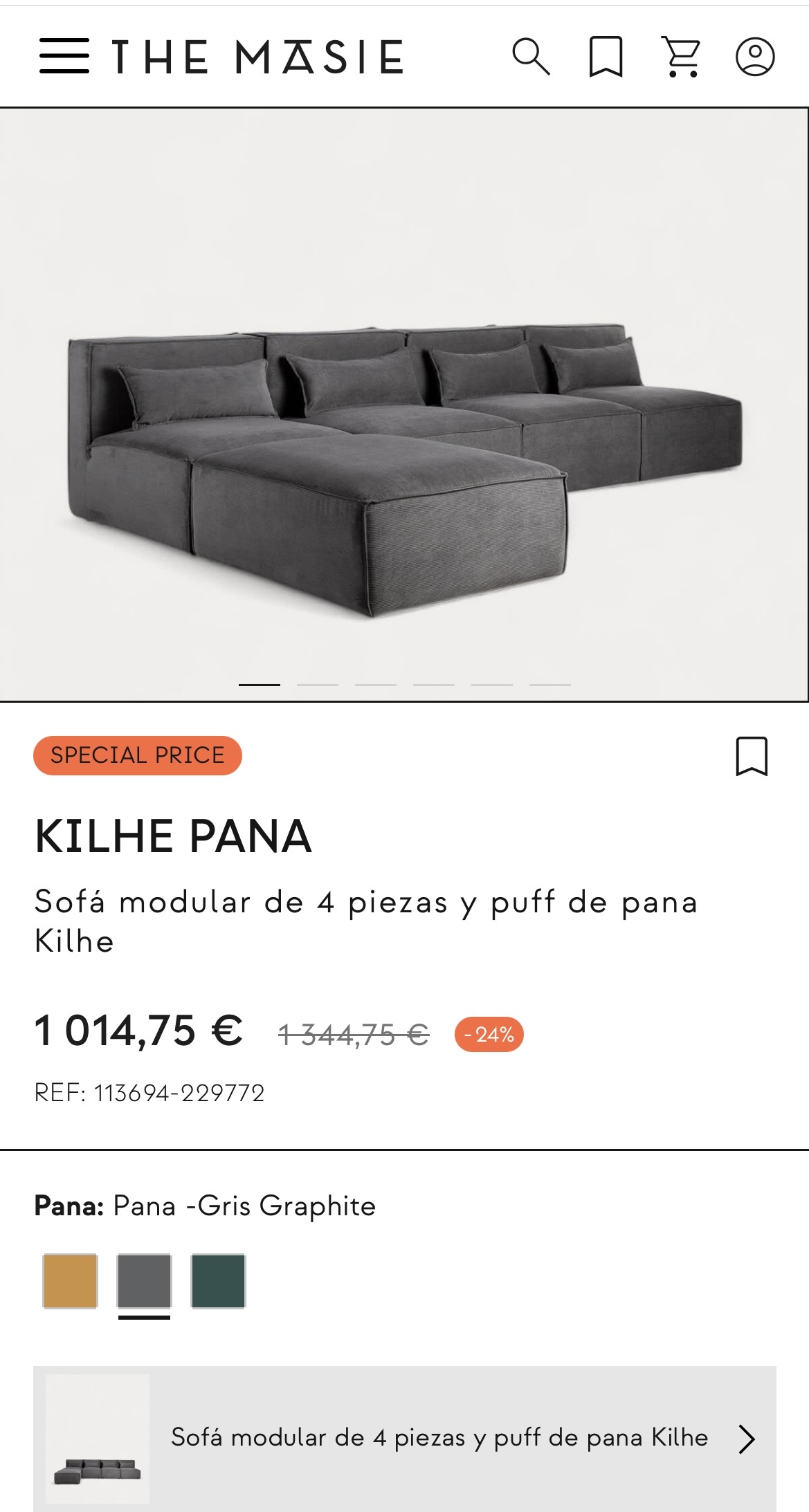Sota modular de 4 piezas y puff de pana Kilhe