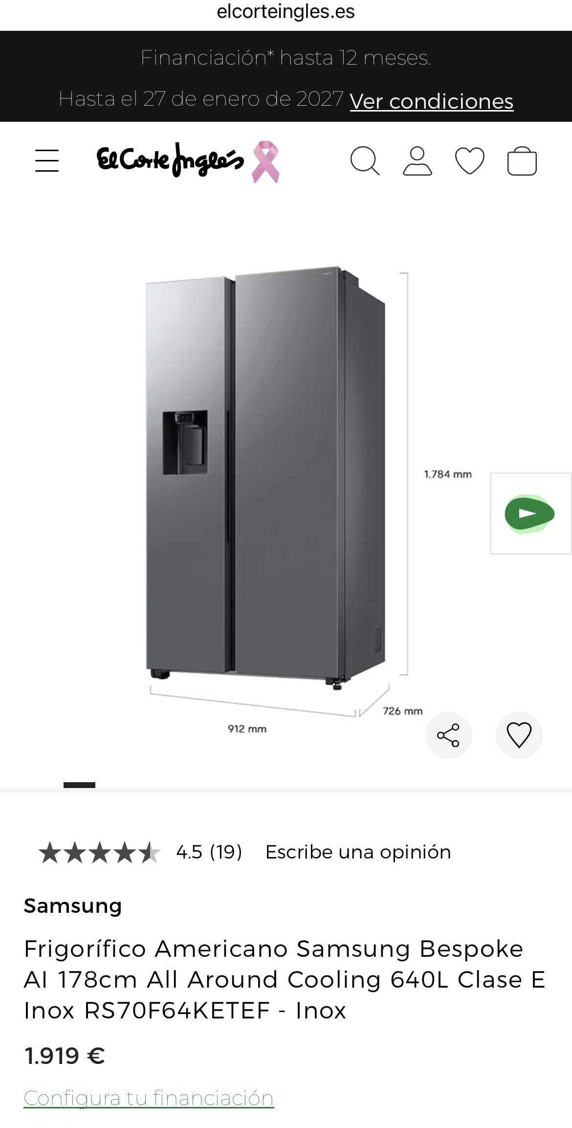 Frigorífico Americano Samsung Bespoke AI 178cm All Around Cooling 640L Clase E Inox RS70F64KETEF - Inox — imagen 2