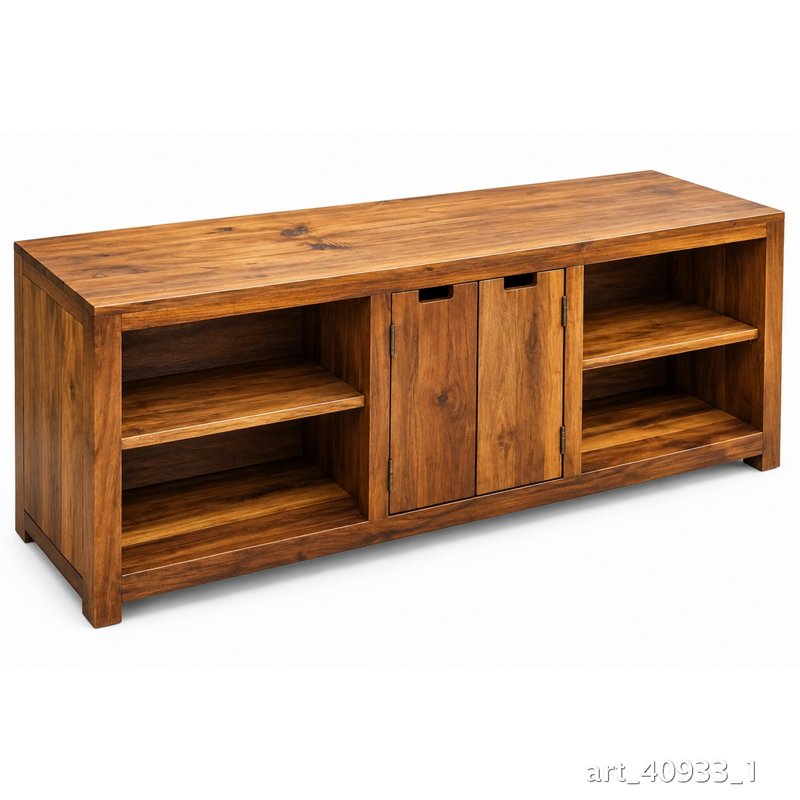 Aparador de madera maciza con puertas y estantes abiertos