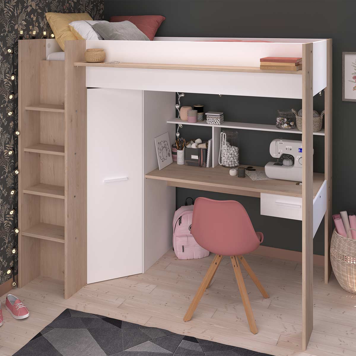 Cama alta CINTRA con escritorio y armario