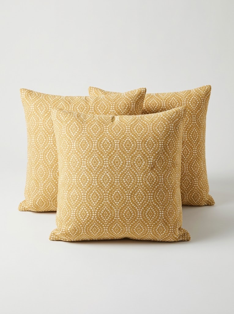 Set de 3 cojines estampado amarillo. Exposición.