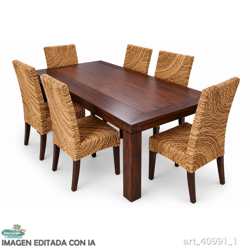 Conjunto de comedor de madera oscura con 6 sillas de anea