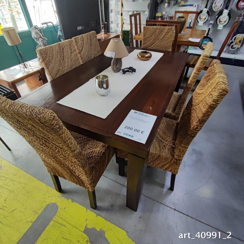 Conjunto de comedor de madera oscura con 6 sillas de anea — imagen 2