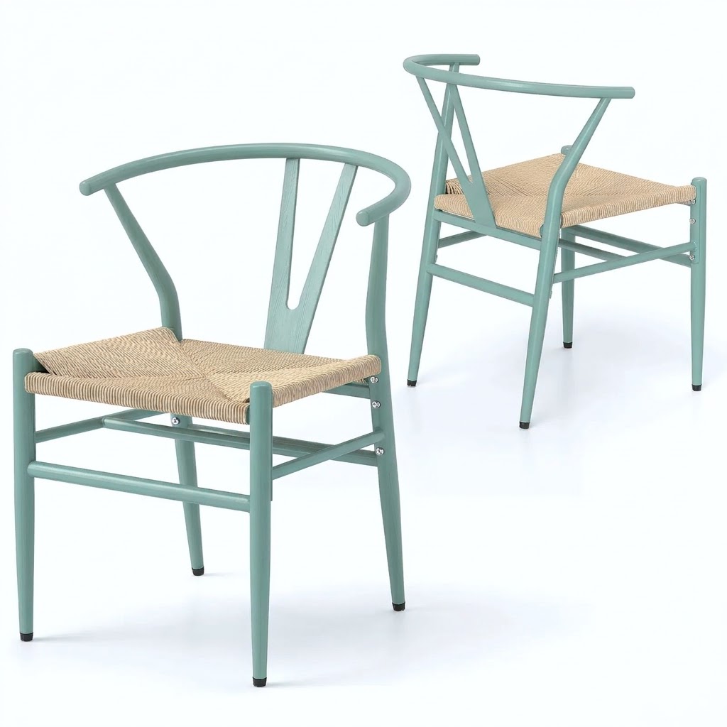 Set de 4 sillas de comedor de gris azulado con asiendo de cuerda.