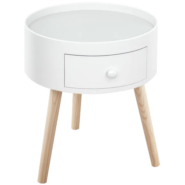 Mesita de noche blanca, patas de madera