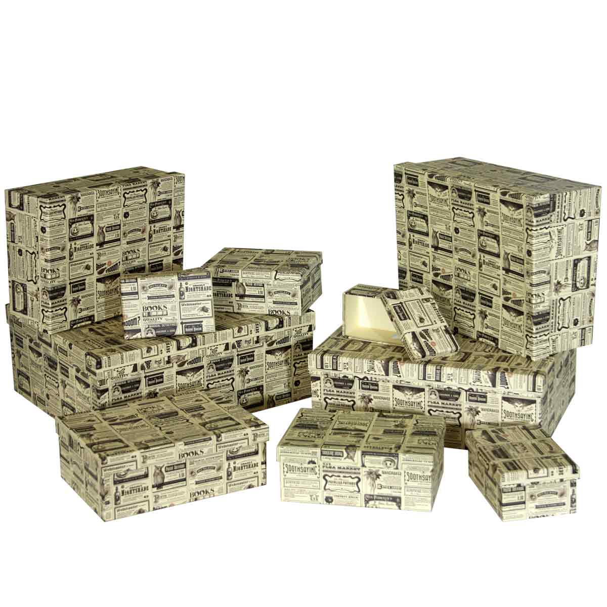 Set 10 cajas de cartón decoradas estilo prensa