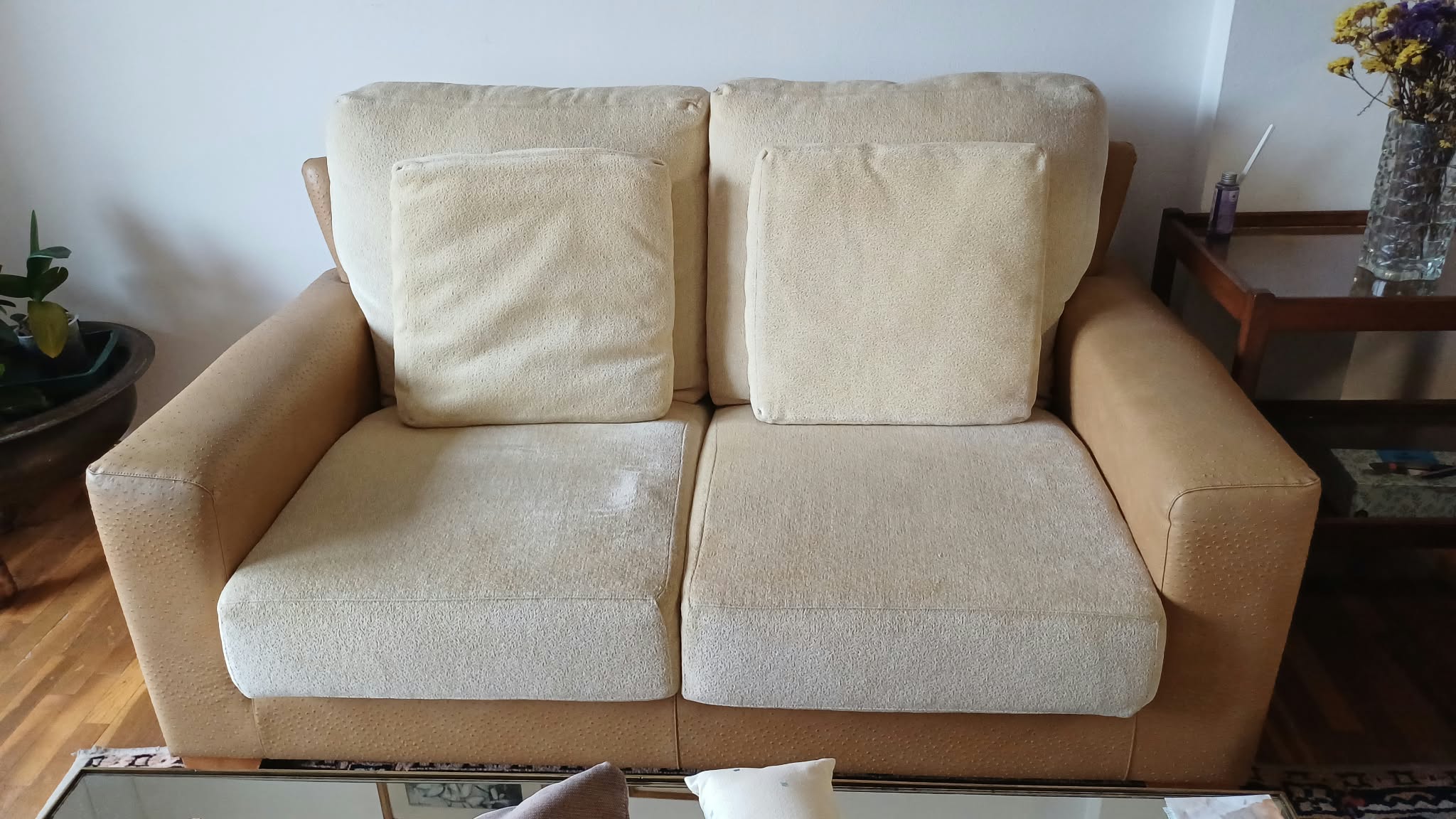 Imperfección 1 (imperfección de Pareja de Sofás de Diseño de 2 Plazas marca Chilet, Tapizados símil Piel de Avestruz. (Urge vender por traslado, precio por los dos)))