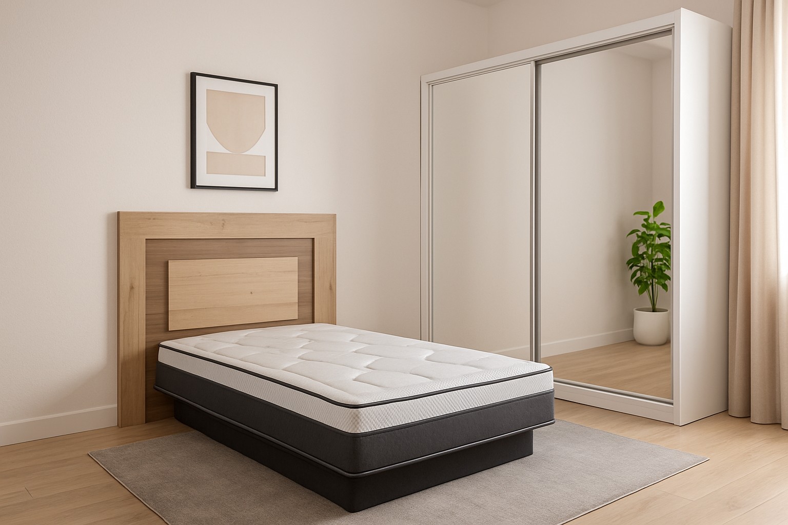 Dormitorio minimalista con madera natural