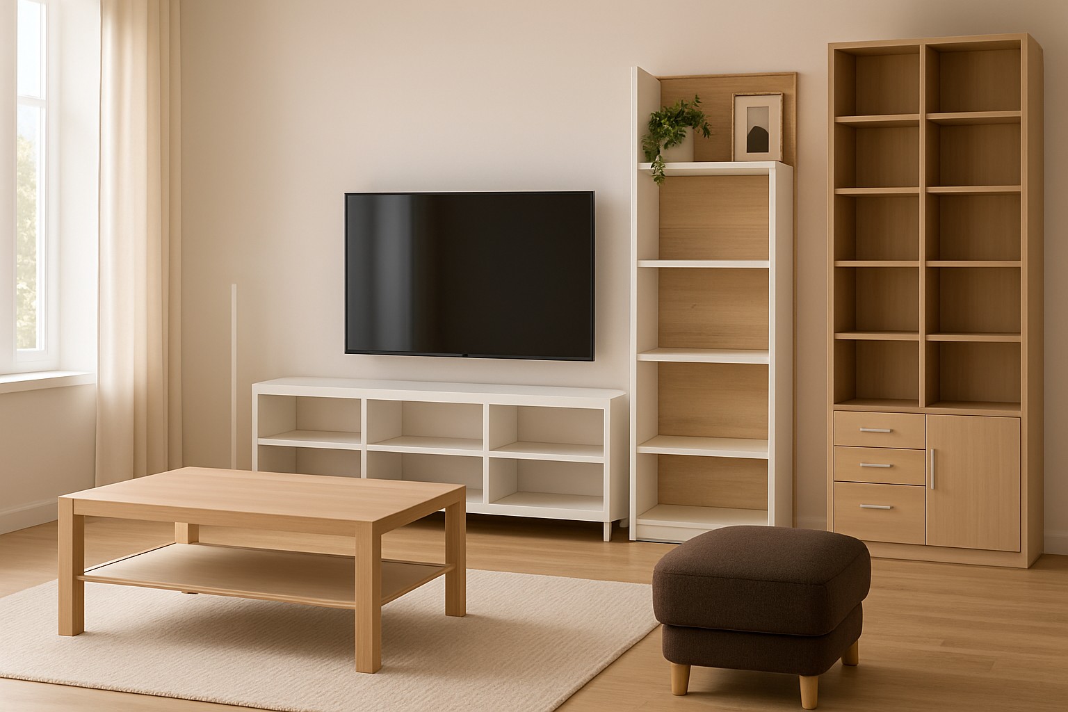Salón nórdico minimalista con madera natural